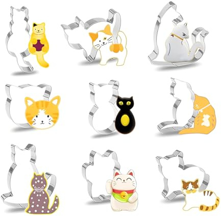 XEPWOLU Katze Ausstecher, 2025 Ausstechformen Katze, 9 Stück Plätzchenausstecher Edelstahl,DIY Tiere Keksausstecher für Kinder Geburtstag Katze Themed Party