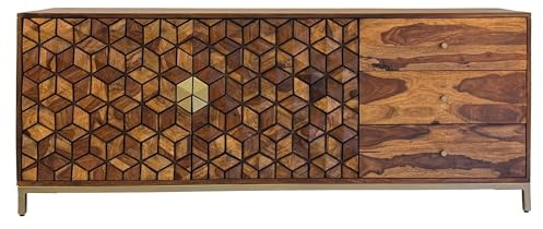 FineBuy Sideboard Sheesham Massivholz 180 cm, Anrichte mit 2 Türen & 3 Schubladen, Modernes Design mit geometrischem Muster, Kommode Wohnzimmer Esszimmer, Goldfarbenes Metallgestell