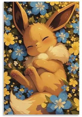 LXPPLSYY Pokémon-Poster, schlafender Eevee in Blume, Wandkunst, Wandbild, moderne Dekoration, hängendes Kunstposter, 60 x 90 cm