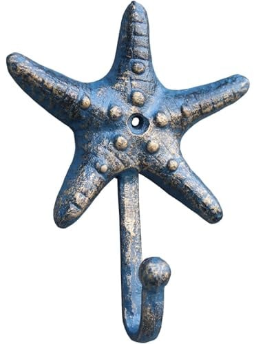 HillSpring Seestern Guss Dekorative Haken, Garderobenhaken, Antik-Blau mit Gold-Akzent, Maritimer Wandhaken Seestern, Gusseisen