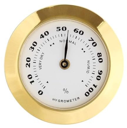 Goldfarbenes Hygrometer, Luftfeuchtigkeitsmesser, Mini, 38 mm, rundes Glas, analoges Hygrometer, geeignet für Humidoren, Gitarre, Violine, Thermometer mit Sonde