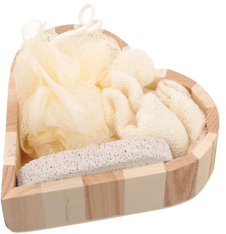 NULYLU Herzförmiges Körperbade Peeling Satz mit Schwamm Holzanrichte Bimsstein und Pe Badekugel für Sanfte Peeling und Entspannendes Badeerlebnis Zuhause