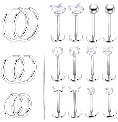 9 Pairs Flat Back Stud Earrings, 20G Stainless Steel Cartilage Earrings for Women, Anti-sensitive Threadless Flat Back Earring for Piercings of the Tragus Auricle Ear Cartilage Concha Nose Lip