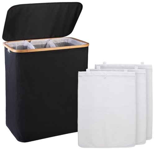 infactory Wäschesammler: Wäschekorb mit Deckel, 3 Fächer, 150 l, herausnehmbarer Wäschesack (Aufbewahrungsbox Holz, Aufbewahrungsboxen mit Deckeln, Decke)