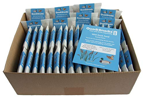Quack Snacks Floating Wild Swan and Duck Food Pellets (40 Portion Packs) | 40 bag and pocket-friendly portion packs of floating wild duck food to help you avoid overfeeding. No plastic packaging.