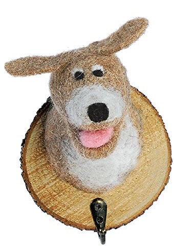 Baden dekorative putzige Deko-Wandhaken Wand-Deko Holzplatte mit Tierkopf aus Filz (dreidimesional) (braun-weiß Hund)