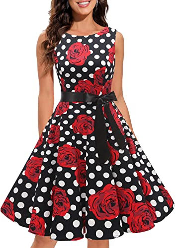 Gardenwed Robe de Soirée Cocktail Vintage Femme Années 40 50 60 Pin up Style Audrey Hepburn Rockabilly Swing Col Rond sans Manche Black Rose Dot S