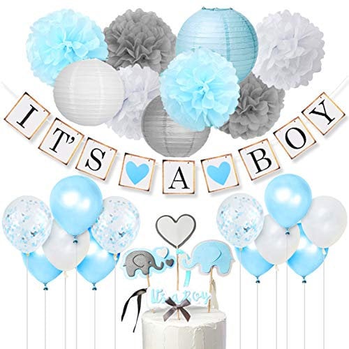 JOYMEMO Babyparty Deko Junge - It's A Boy Girlande,Elefant Kuchendeckel Blau und Grey,Konfetti Luftballons,Blumenpuscheln für Taufe Geburtstag Baby Shower
