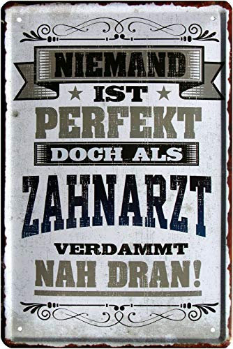 WOGEKA ART Retro Blechschild - Niemand ist perfekt, doch als Zahnarzt - witziger Spruch als Geschenk-Idee zum Geburtstag Weihnachten Dekoration 20x30 cm Vintage-Design Metall 2209