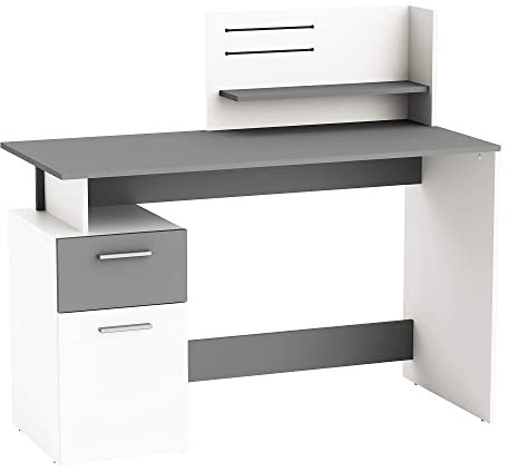 Bureau Moderne Style Contemporain Platon – 1 Tiroir / 1 Niche / 1 Porte, Blanc/Gris Foncé
