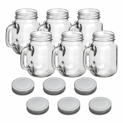 gouveo 6er Set Trinkgläser 450 ml mit Deckel silberfarben - Trinkglas mit Henkel und Drehverschluss - Henkelgläser mit Deckel - Cocktail-Glas für Garten und Balkon (TGH450S)