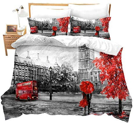 Loussiesd Paare Teen Betten Set Doppeldecker-Bus Muster Bettwäsche Set für Jungen Mädchen Microfaser Himmlische Qualität Bettbezug mit 1 Kissenbezug 2 teilig 135x200 cm 80x80 cm Einzelbett Retro