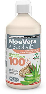 Forhans - PURO Aloe Vera e Baobab - Integratore Alimentare 100% Succo e Polpa Aloe Vera, Depurativo, Digestivo, per Regolarità Intestinale, Difese Immunitarie, Vegano, Gusto Pesca, Flacone da 1 litro