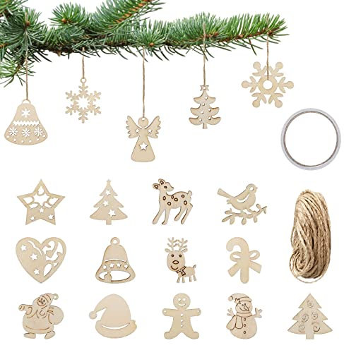 LIHAO 100 Stück Holzanhänger Weihnachtsanhänger Holzverzierungen Weihnachtsverzierungen Holz-Anhänger baumschmuck für Weihnachtsbaum Weihnachten Deko DIY