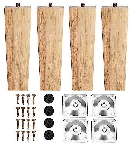 INMOZATA Möbelfüße Holz 4 Stück 16cm Tischbeine Vierkant Möbelbeine aus Eiche mit Montageplatten Schrauben und Fußpolster für Schrank Sofa Couchtisch Natürliche Farbe