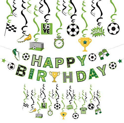 SUNBEAUTY Fussball Geburtstag Deko Kindergeburtstag Deko Jungen Happy Birthday Banner Spiralen Kindergeburtstag Partyzubehör Fußball Party Dekoration