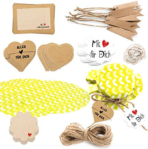Logbuch-Verlag großes Einmach-Set 10 Schmuckdeckchen + 50 Sticker + Kraftpapier-Anhänger - Deko Verzierung für selbstgemachte Marmeladen
