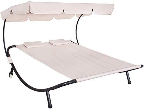 SPRINGOS Rollenliege mit Sonnendach Doppelliege LxBxH: 175x200x120 cm inkl. 2 Kopfstützen max. Belastung 240 kg (Creme)