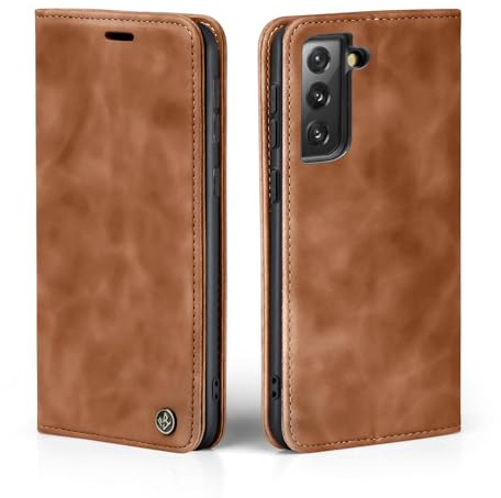 LBH Handyhülle für Samsung Galaxy S21 FE in Hellbraun mit Karten- und Geldfach Smartphone Hülle mit Standfunktion Flip Case Schutzhülle Magnetverschluss Vintage