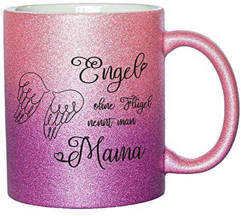 Geschenke 24 Glitzer Tasse Engel ohne Flügel nennt man Mama - Tasse mit Spruch | viele Farben | Kaffeebecher, Muttertagsgeschenk (Rosa-Lila)