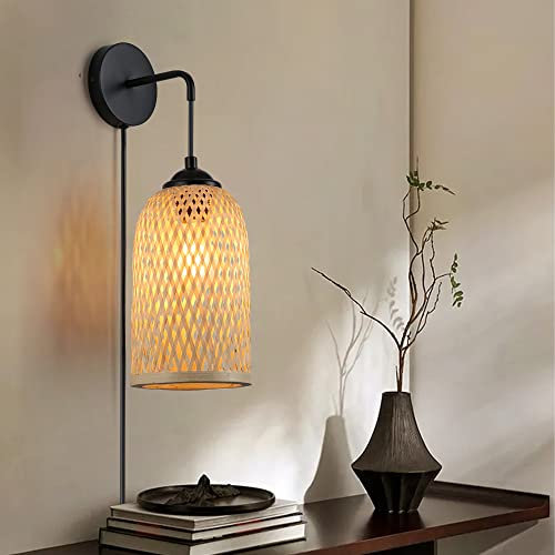 SUNLLOK Applique murale moderne en bambou avec interrupteur à câble - Panier en rotin - Lustre à suspendre - Éclairage mural intérieur - Lampe suspendue pour île de cuisine, salon, restaurant