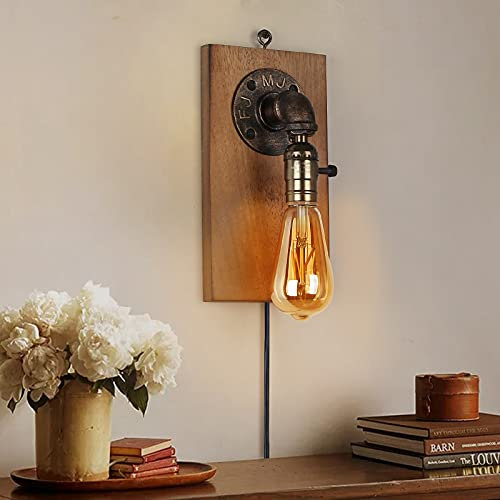 Steampunk Plug in Wall Lamp No Drill Industrial Hang Sconces with E27 Socket Pipe Antique Style LED Wall Light Fixture with Plug in Cord for Living Room Bedroom-with no Bulb