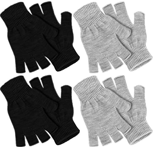 Nuanchu 4 Paar Winter Halbfinger Handschuhe Strick Fingerlose Fäustlinge für Herren Damen (Schwarz, Hellgrau)