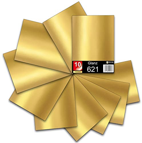 Din A4 Bögen je 29,7x21cm 621/631 Selbstklebende Plotterfolie im Set Folie Vinyl Folie zum Plotten DIY Bastelfolie Sticker Beschriftungen Aufkleber (Gold glanz, 10er Set)