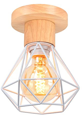 TOKIUS Deckenlampe, 16CM Vintage Deckenleuchte im Industrial Design Retro E27 Lampe aus Holz Eisen Käfig Pendelleuchte Weiß (1 Stück)