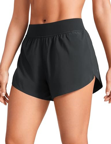 CRZ YOGA Damen Mid Waist Running Shorts Seitliche Splits Sport Workout Kurze Hose Leichte Atmungsaktive Sporthose Laufhose Schwarz 34