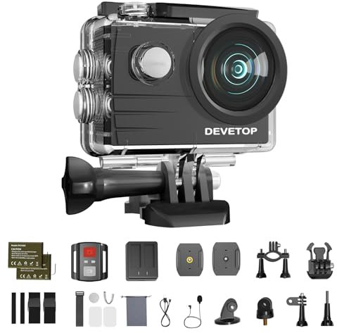 DEVETOP Cámara Deportiva Glory60 4K 20MP Cámaras Subacúaticas 2.4G Remoto Camara Acción Sumergible Agua de 40M Micrófono Externo y 2 Baterías de 1050mAh y múltiples Accesorios