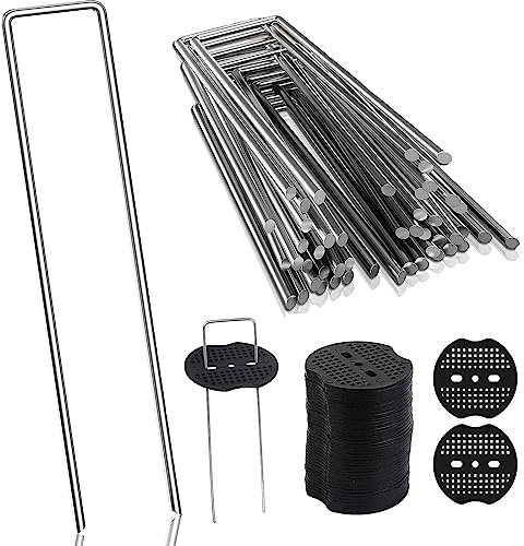 ERUIV Garten Erdanker,Profi Bodenanker aus Verzinkt Stahldraht,Unkrautvlies Erdnägel,Befestigung von Folien, Kunstrasen,Zaun,100 Erdanker & 100 Pufferscheibe,150MM Lang,40MM Breit, Ø 3,8MM