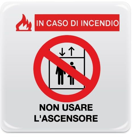 Cartello Adesivo non usare l'ascensore in caso d'incendio - Pittogramma adesivo effetto lente di formato mm. 95x95, realizzati in pvc adesivo bianco e stampati attraverso tecnica serigrafica