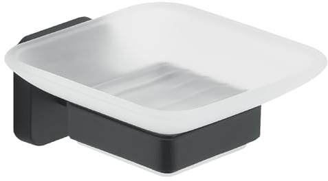 Gedy Tonga Portasapone Bagno da Muro Finitura Nero Opaco, Fissaggio con Viti o Adesivo, Portasapone Bagno in Cromall, Porta Saponetta Bagno da Muro con Contenitore in Vetro Satinato, Portasaponetta