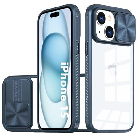 LIUKM Coque Compatible avec iPhone 15, Cache Camera Protection, Étui avec Cache Caméra Coulissante, composé d'un Dos en PC et d'un Cadre en TPU - Bleu