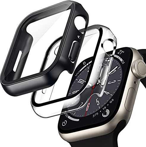 TOCOL 2 Stück Hülle für Apple Watch Series 9 8 7 41mm Case mit Schutzfolie, iWatch Series 9 Series 8 Series 7 41mm Case, HD Bläschenfrei Kratzfestes Case für iWatch 9/8/7 41mm - Schwarz/Transparent