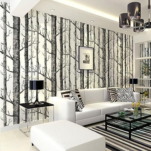 Warmiehomy Non-Woven Wallpaper 4 Pack x 53cm x 10m 3D Modern Forest Birch Tree Wallpaper Textured Wall Decoration for Living Room Bedroom Background
