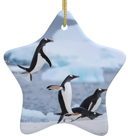 Snow Mountain Pinguin Print Personalisierte Weihnachtskugel, Keramik Sternform Weihnachten Hängende Ornament, Weihnachtsbaumschmuck Für Freund Freundin Frau Xmas Geschenke