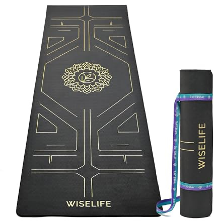 Wiselife True Alignment Yogamatte + schlanker Yogagurt für Damen und Herren (Probalance TPE-Material, 6 mm dick, lang, breit) (Anthrazit), Schwarz