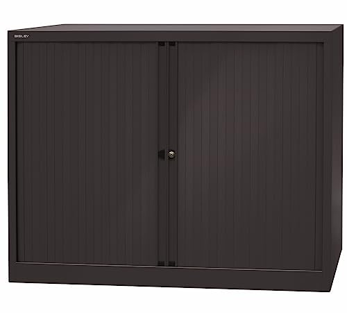 BISLEY Rollladenschrank in schwarz abschließbar Schrank aus Metall Rolladen aus Kunststoff inkl. 2 Einlegeböden