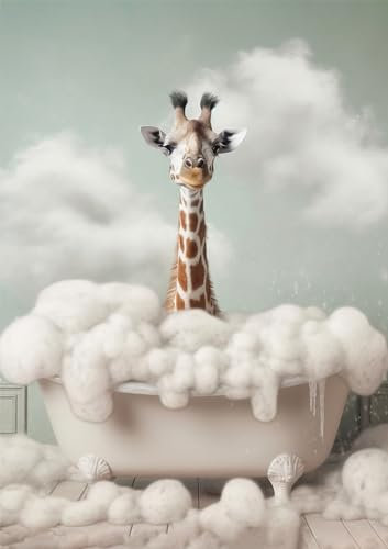 Giraffe in Badewanne, Poster DIN A4 ohne Rahmen, Toilette Badezimmer Deko Bild, Wand-Deko Bilder Lustiges Geschenk
