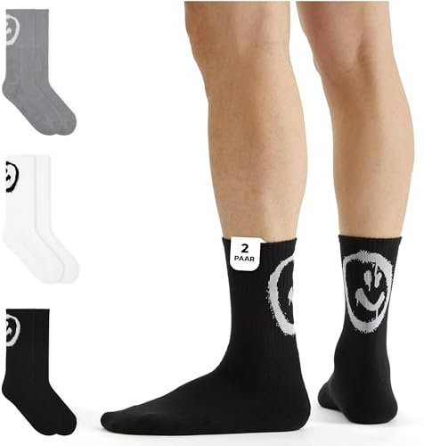 von Jungfeld 2er Set Schwarze Tennissocken Damen & Herren in Gr. 39-42 - Lange Socken (Crew Socks) aus Bio-Baumwolle - Strümpfe mit Smiley Statement