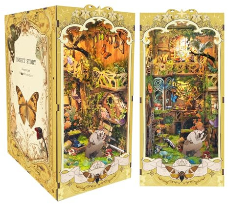 Spilay DIY Book Nook Puppenhaus Kit, Booknook Bücherregal Insert Decor Alley, Buchstützen Modell Build-Creativity Kit mit Staubschutz & Spieluhr (The Book of Insects)