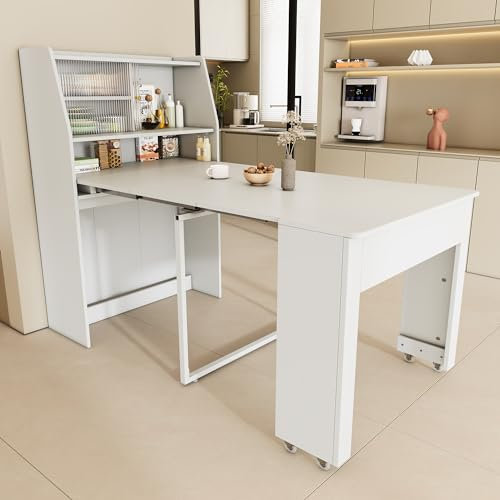 Ausziehbarer Esstisch Mit Stauraum, 52/132.5 x 80 x 76cm, Einweg-Ausziehtisch, Esszimmer-Stauschrank, Rechteckiger Coffee Lounge Tisch, Platzsparender Multifunktions-Esstisch