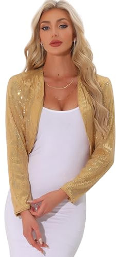 Allegra K Damen Weihnachten-Kostüm Pailletten Jacke Party Vorne Offen Kurz Glitzernder Bolero Gold L