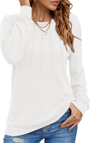 Damen Pullover Lässig Langarmshirt Elegant Herbst Winter Rundhals Sweatshirt Langarm Shirts Loose Plissee Oberteile Weiß XL
