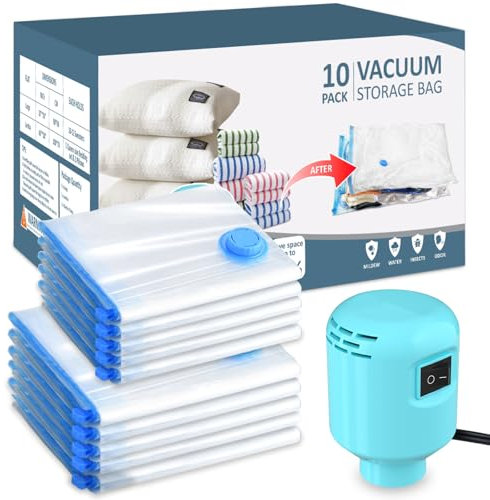 LKV Sacchetti sottovuoto per vestiti con pompa ad aria elettrica 10 sacchetti (5 grandi dimensioni + 5 medie) sacchetti sottovuoto riutilizzabili per biancheria da letto, cuscini, traslochi e viaggi