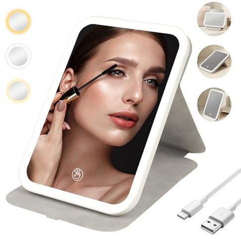 Cuteefun Miroir Maquillage Lumineux 3 Couleurs, Miroir de Voyage Portable Pivotant à 360°, Rechargeable par USB, Miroir de Table LED Pliable pour la Chambre à Coucher, la Table de Courtoisie