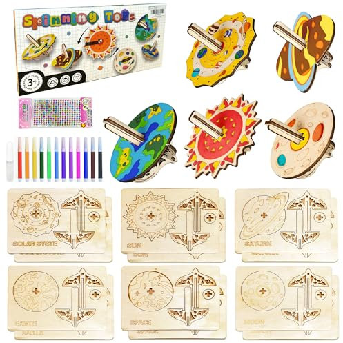 12 Stück Holzkreisel Bausatz Kinder, Holz Kreisel Bastelset Zum Basteln und Bemalen, Bastelidee Kindergeburtstag Kreativ DIY Planeten Kreisel für Kinder Jungen Mädchen Geschenk 5 6 7 8 9 Jahre