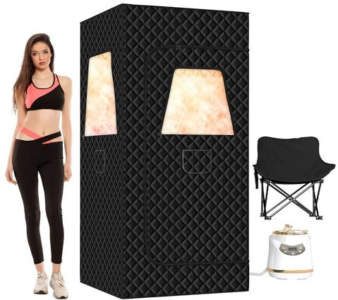 Springspa Tragbare Dampfsaunabox mit 3 l & 1500 W ± 10 %, persönliches Saunazelt mit 9 einstellbaren Wärmestufen, Dampfsauna, Ganzkörper für Zuhause, faltbarer Stuhl, extra große Größe 90 x 90 x 15 cm